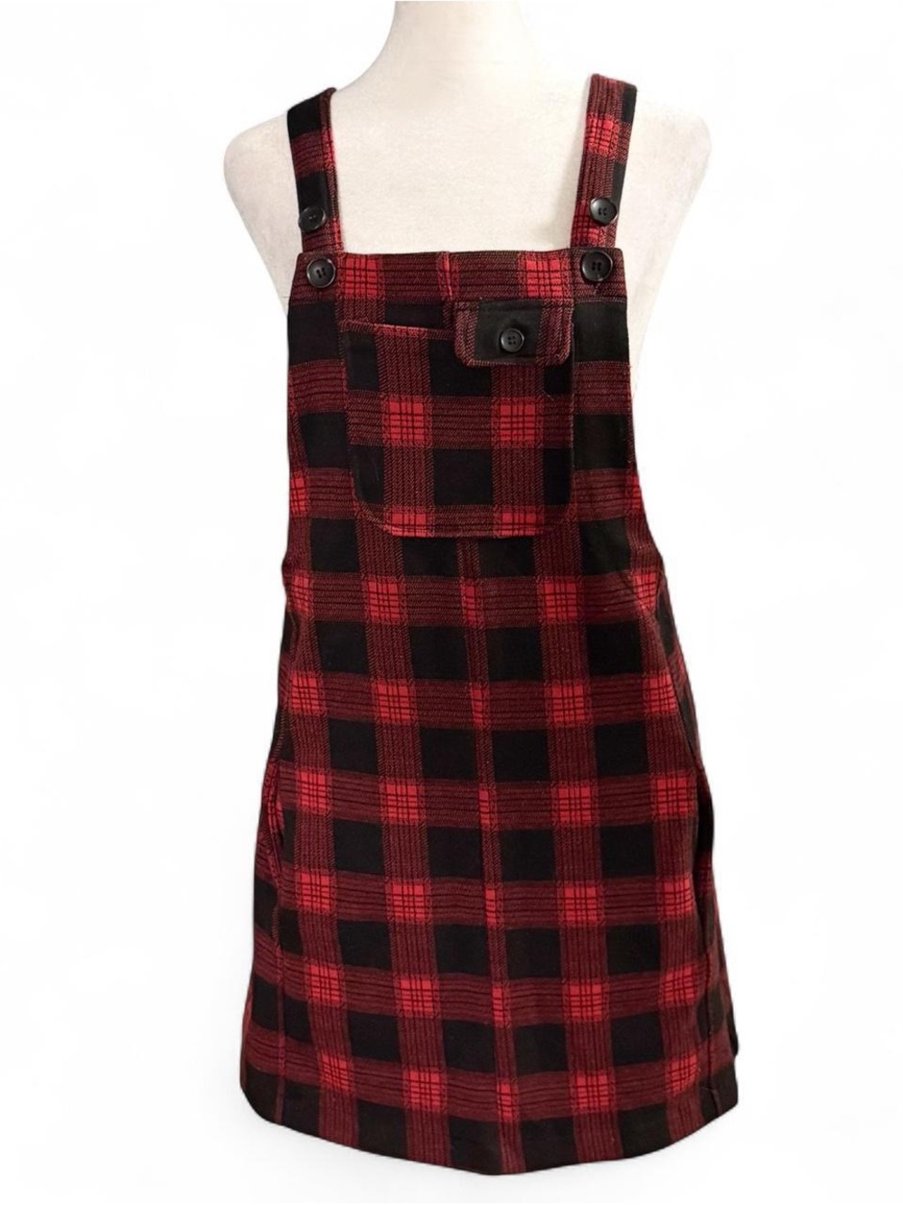 Jolt Red & Black Buffalo Plaid Overall Jumper Dress Size Small
